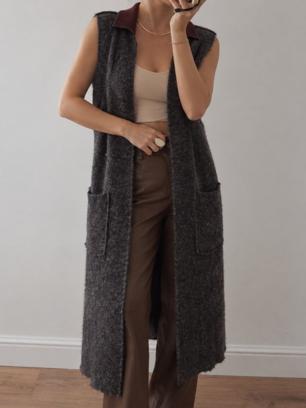 Anthropologie Moth Long Wool Vest Size XS Grey Soft Stretchy (c1)